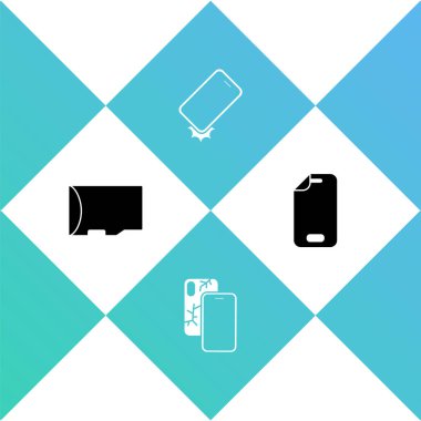 Mikro SD hafıza kartını, bozuk ekranlı cep telefonunu ve cam koruyucu ikonunu ayarla. Vektör