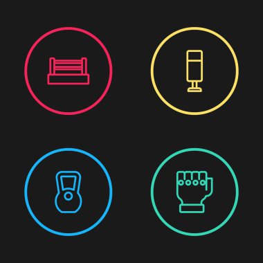 Çizgi Kettlebell, MMA eldiveni, Kum Torbası ve Boks yüzüğü ikonu. Vektör