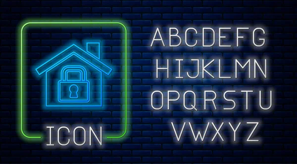 Gloeiende Neon Huis Onder Bescherming Pictogram Geïsoleerd Baksteen Muur Achtergrond — Stockvector