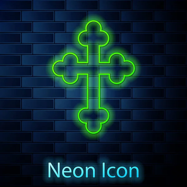 Glödande Neon Linje Christian Kors Ikon Isolerad Tegel Vägg Bakgrund — Stock vektor