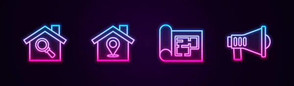 Ustaw Linię Szukaj Domu Lokalizacja Plan Domu Megafon Świecąca Neonowa — Wektor stockowy