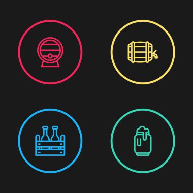 Bir paket bira şişesi, köpüklü bira kutusu, rafta tahta fıçı ve ikon. Vektör