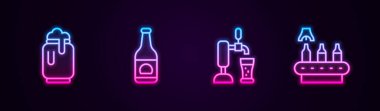 Bira kutusu, köpük, şişe, step bardağı ve konveyör bant, bira. Parlayan neon ikonu. Vektör