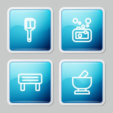 Sauna fırçası, sabun, ahşap bank havan topu ve tokmak ikonu. Vektör