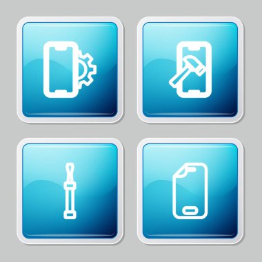 Hattı onarım servisi, cep telefonu, bozuk ekran, tornavida ve cam koruyucu ikonu ayarla. Vektör