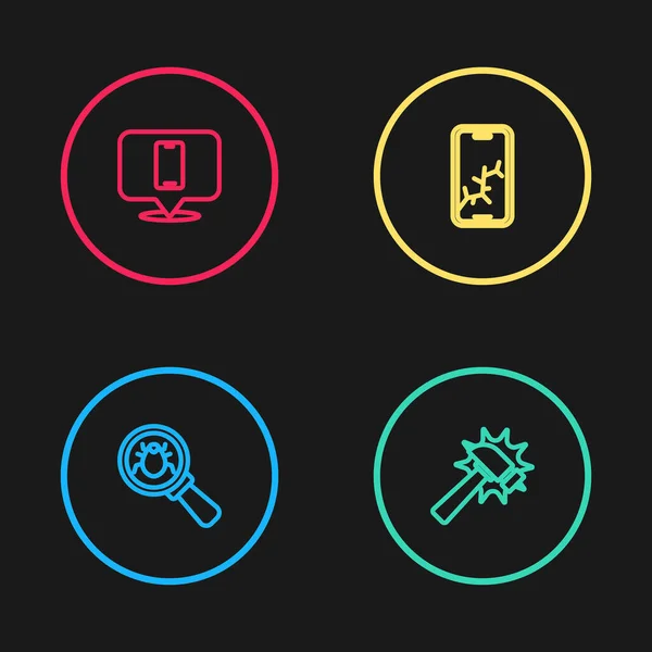 Définir Ligne Bug Système Marteau Mobile Avec Écran Cassé Icône — Image vectorielle
