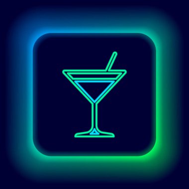 Parlayan neon hattı Martini cam ikonu siyah arka planda izole edildi. Kokteyl ikonu. Şarap kadehi ikonu. Renkli taslak konsepti. Vektör