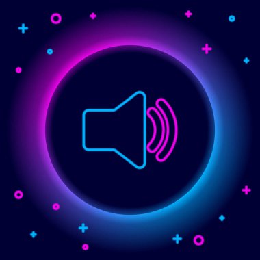 Parlayan neon hattı Hoparlör sesi - ses sembolü, medya müzik simgesi siyah arkaplanda izole. Renkli taslak konsepti. Vektör