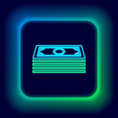 Parlak neon hattı kağıt yığınları para ikonu siyah arka planda izole. Para desteleri. Para birimi. Renkli taslak konsepti. Vektör