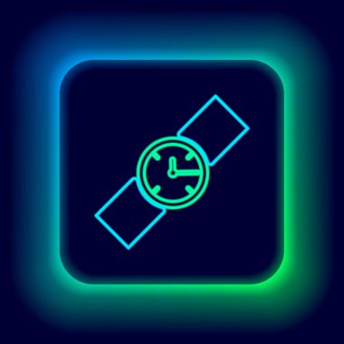 Parlayan neon hattı Kol saati simgesi siyah arkaplanda izole edildi. Kol saati simgesi. Renkli taslak konsepti. Vektör