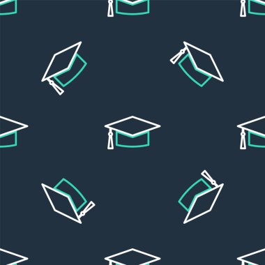 Çizgi mezuniyet simgesi siyah arkaplanda izole edilmiş kusursuz desen. Tassel ikonlu mezuniyet şapkası. Vektör