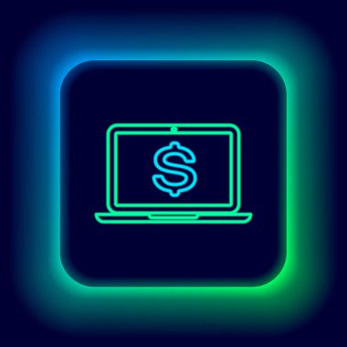 Siyah zemin üzerinde dolar sembolü olan parlak neon hattı dizüstü bilgisayarı. İnternetten alışveriş konsepti. Ekonomi konsepti. Renkli taslak konsepti. Vektör