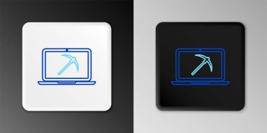 Dizüstü bilgisayarı ve kazma ikonu olan çizgi madenciliği konsepti gri arka planda izole edildi. Engelleme teknolojisi, kripto para birimi madenciliği, dijital para piyasası. Renkli taslak konsepti. Vektör