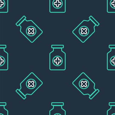 Çizgi tıp ikonu siyah arka planda izole edilmiş kusursuz desen. Şişe hapı işareti. Eczane tasarımı. Vektör