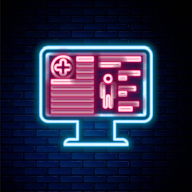 Duvardaki izole edilmiş monitör ikonundaki parlak neon hattı tıbbi kayıtları. Sağlık sigortası formu. Reçete, tıbbi kontrol işaretleri raporu. Renkli taslak konsepti. Vektör