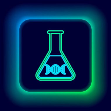 Parlayan neon hattı DNA araştırması, arama simgesi siyah arkaplanda izole edildi. Genetik mühendisliği, genetik testler, klonlama, babalık testleri. Renkli taslak konsepti. Vektör