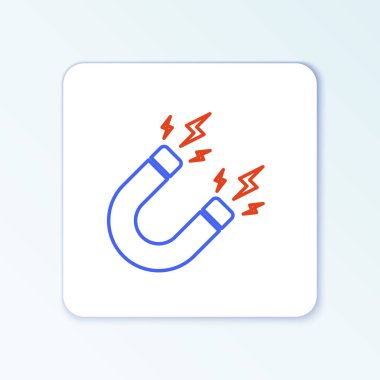 Beyaz zemin üzerinde yıldırım simgesi olan mıknatıs hattı. At nalı mıknatısı, manyetizma, manyetizma, çekim işareti. Renkli taslak konsepti. Vektör