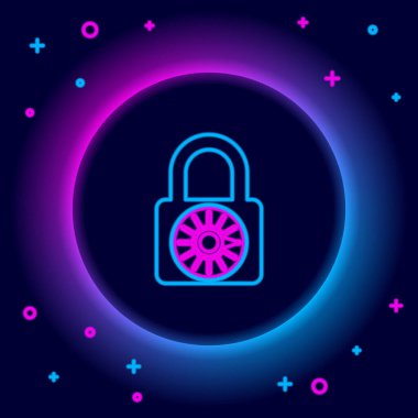 Parlayan neon hattı güvenli kilit tekeri simgesi siyah arkaplanda izole edildi. Kombinasyon asma kilit. Güvenlik, güvenlik, koruma, şifre, gizlilik. Renkli taslak konsepti. Vektör