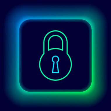 Parlayan neon çizgi simgesi siyah arkaplanda izole edildi. Asma kilit işareti. Güvenlik, güvenlik, koruma, gizlilik kavramı. Renkli taslak konsepti. Vektör