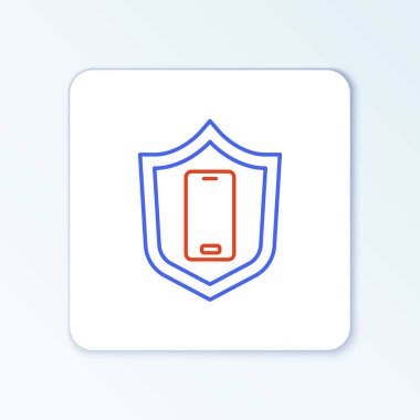 Hat Smartphone, beyaz arka planda güvenlik kalkanı simgesi olan cep telefonu. Güvenlik, güvenlik, koruma kavramı. Renkli taslak konsepti. Vektör