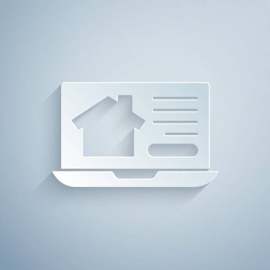 Gri arkaplanda izole edilmiş dizüstü bilgisayar ikonu üzerindeki kağıt kesiği online emlak evi. Ev kredisi konsepti, kira, satın alma, mülk alma. Kağıt sanatı tarzı. Vektör