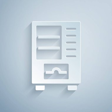 Kağıt kesiği Gri arka planda izole edilmiş yiyecek ve içecek otomatikman satış simgesi. Kağıt sanatı tarzı. Vektör