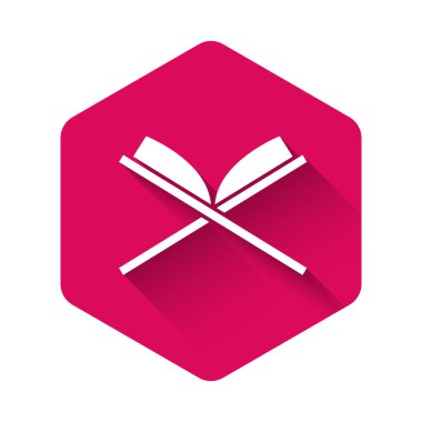 Beyaz kutsal Kur 'an ikonu uzun gölge arkaplanı ile izole edilmiş. Müslüman bayramı, Kurban Bayramı, Kurban Bayramı, Ramazan Kareem. Pembe altıgen düğmesi. Vektör