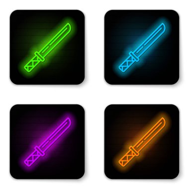 Parlayan neon hattı geleneksel Japon katana simgesi beyaz arka planda izole edildi. Japon kılıcı. Siyah kare düğme. Vektör