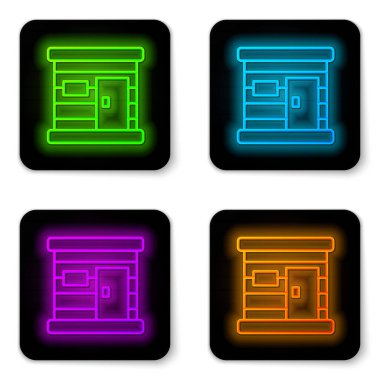 Parlayan neon hattı sauna ahşap hamam ikonu beyaz arka planda izole edilmiş. Isı spa rahatlatıcı terapi banyosu ve sıcak buhar sağlık hizmeti, rahatlama terapisi. Siyah kare düğme. Vektör