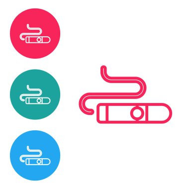 Beyaz arkaplanda kırmızı çizgi sigara simgesi izole edildi. Simgeleri daire düğmelerine ayır. Vektör