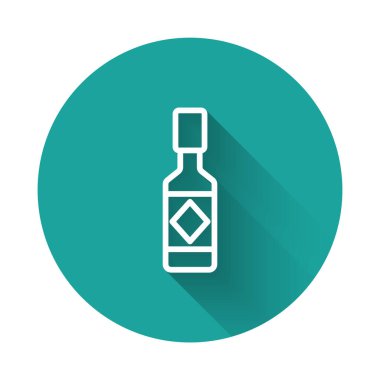 Beyaz çizgi Tabasco sosu ikonu uzun gölge arkaplanı ile izole edilmiş. Kırmızı biberli baharatlı biber sosu. Yeşil daire düğmesi. Vektör