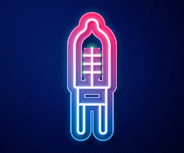 Parlayan neon hattı Işık, mavi arkaplanda izole edilmiş diyot simgesi yayıyor. Yarı iletken diyot elektrik bileşeni. Vektör