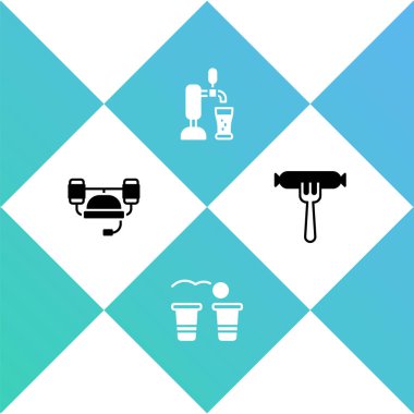 Bira kaskı, pong oyunu, bardakla tap dansı ve çatal ikonu Sosis. Vektör