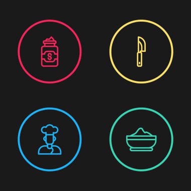 Aşçı, un kasesi, bıçak ve şeker ikonu. Vektör