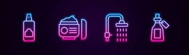Saç spreyi spreyi, krem losyon kozmetik tüpü, duş ve gerekli yağ şişesi. Parlayan neon ikonu. Vektör