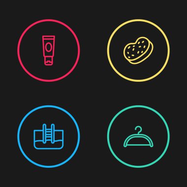 Yüzme havuzunu merdiven, elbise askısı, banyo süngeri ve krem ya da losyon kozmetik tüp ikonu ile ayarla. Vektör