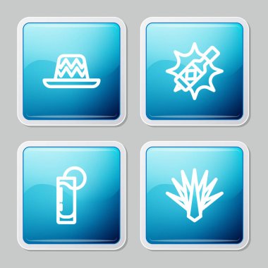 Meksika şapkası, acı sos, limonlu tekila bardağı ve Agave ikonu. Vektör