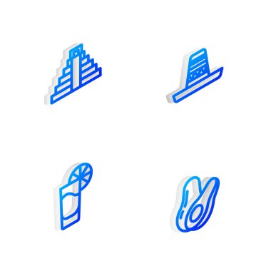 Isome hattı Meksika sombrerosu, Chichen Itza Maya 'da, tekila bardağı limon ve Avokado meyve ikonu. Vektör