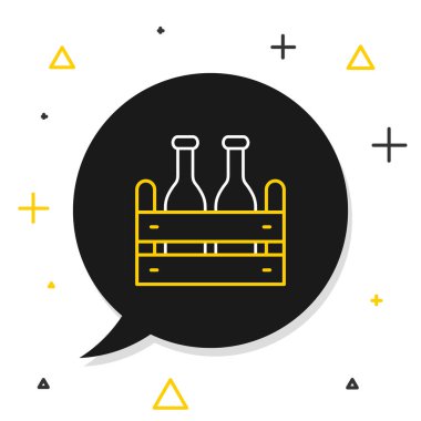 Beyaz arka planda izole edilmiş çizgi halinde bira şişeleri ikonu. Tahta kutu ve bira şişeleri. Kutu bira kutusu tabelası. Renkli taslak konsepti. Vektör