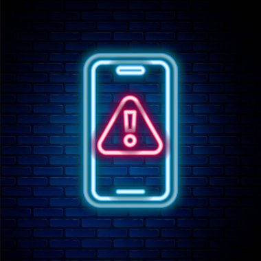 Parlak neon hattı cep telefonu. Duvarın arkasında ünlem işareti simgesi var. Uyarı mesajı akıllı telefon uyarısı. Renkli taslak konsepti. Vektör
