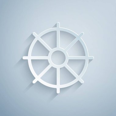 Kağıt kesiği Dharma tekerlek simgesi gri arkaplanda izole edilmiş. Budizm dini işareti. Dharmachakra sembolü. Kağıt sanatı tarzı. Vektör