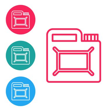 Motor makine yağı ikonu için kırmızı hat kutusu beyaz arka planda izole edildi. Benzin bidonu. Yağ değiştirme ve onarım servisi. Motor yağı işareti. Simgeleri daire düğmelerine ayır. Vektör