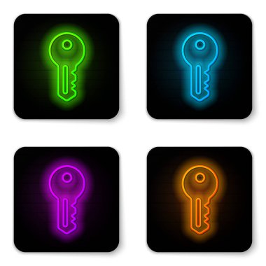 Parlayan neon hattı House anahtar simgesi beyaz arkaplanda izole edildi. Siyah kare düğme. Vektör