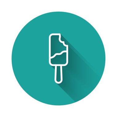 Çubuk ikonundaki beyaz çizgi dondurma uzun gölge arkaplan izole. Güzel sembol. Yeşil daire düğmesi. Vektör