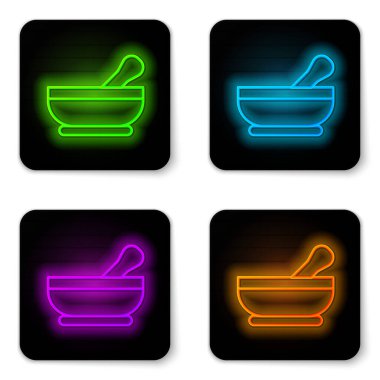 Parlayan neon hattı havan ve tokmak simgesi beyaz arkaplanda izole edildi. Siyah kare düğme. Vektör