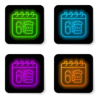 Beyaz arka planda izole edilmiş takvim ikonu ile parıldayan neon hattı Aziz Patrick Günü. Dört yapraklı yonca sembolü. Tarih 17 Mart. Siyah kare düğme. Vektör