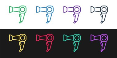 Siyah beyaz arkaplanda çizgi saç kurutma ikonu izole edildi. Saç kurutma makinesi tabelası. Saç kurutma sembolü. Sıcak hava üflüyor. Vektör