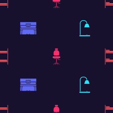 Masa lambasını, piyanoyu, ofis sandalyesini ve ranzayı kusursuz şekilde ayarla. Vektör.