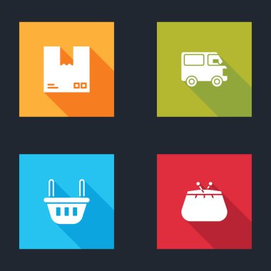 Karton kutuya trafik sembolü, kargo kamyonu, alışveriş sepeti ve cüzdan simgesi koyun. Vektör.