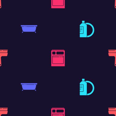 Bulaşık deterjanı şişesi ve tabağı, küveti, bulaşık makinesini ve plastik temizleyiciyi pencereler için kusursuz desenli ayarla. Vektör.